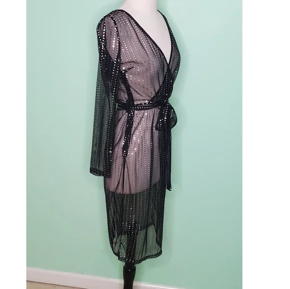 Sheer Black and Silver Metallic Faux Wrap Dress - Picture 4 of 10